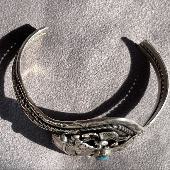 SOLD Jimmy F. Calabaza Signed Turquoise Sterling Silver Butterfly Kewa Bracelet - Picture 6 of 13